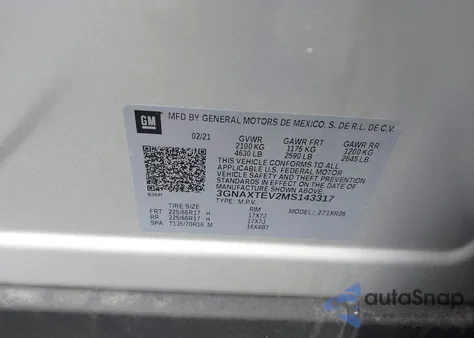 2021 Chevrolet Equinox Awd 2Fl z USA, uszkodzony, nr VIN 3GNAXTEV2MS143317